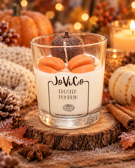 JoViCo Frosted Pumpkin candle with a white soy wax base and decorative pumpkin wax toppers.